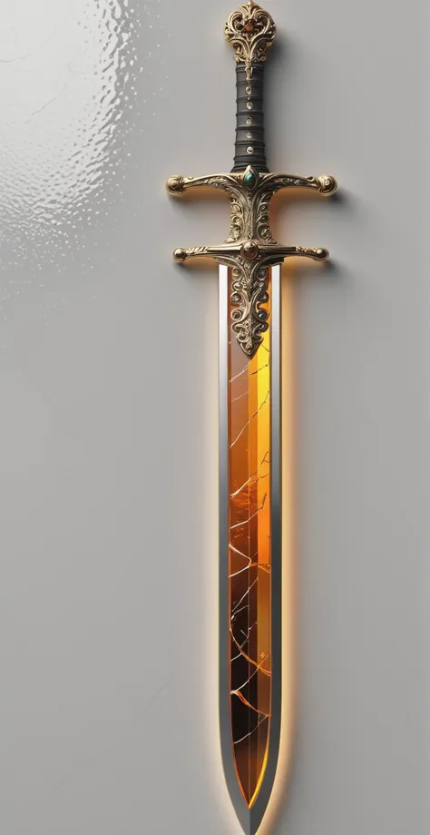 An  ornate gold and steel sword featuring a transparent multicolored glass section near the handle, , ancient magical artifact, very detailed, amazing quality, intricate, cinematic amber light, highly detailed, beautiful, surreal, dramatic, warm colors  imaginative highly detailed edges., Made of futuristic materials with reflective textures),  [white, silver, mixed color accents], [tiny led lights set beneath translucent chassis sections] hyper realistic, real plastic textures, (scuffs, scratches, [[cracks]] on plastics),  sleek curved lines, year 3000 technology, [copper circuit lines], (an ambient occlusion render:1.1).