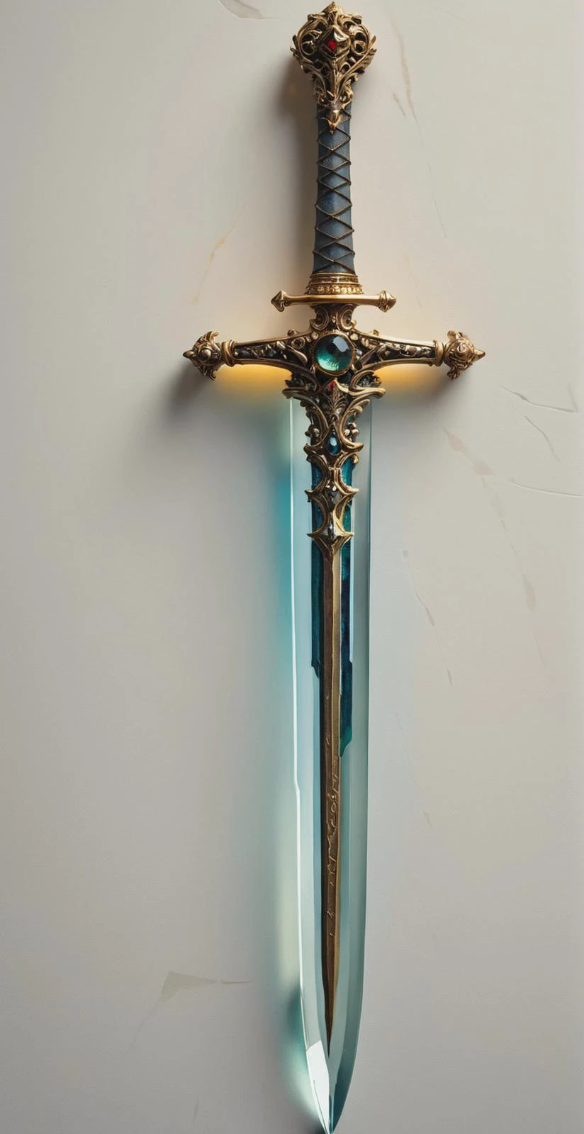 An ornate gold and steel sword featuring a transparent multicolored glass section near the handle, , ancient magical artifact, very detailed, amazing quality, intricate, cinematic amber light, highly detailed, beautiful, surreal, dramatic, warm colors imaginative highly detailed edges., Heavy oil painting, trending on facebook, muted colors, slate tones, brush strokes, puddy knife marks, edgy areas next to smooth areas, dark next to light, soft next to hard, a blast of colorful paint, ridges of thick paint create shadows and thick texture, smokey grainy areas next to smooth open areas, a sense of three dimensions, an abstraction of details in color and form, ((oily texture with clumps of paint)).