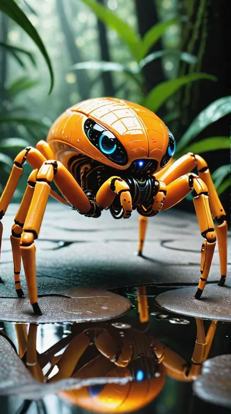 A macro photography image, reptilian spider like robot creature lurks, [Surrealist art Concept Art],(masterpiece:0.3) high detailed,bright natural lighting,shadows,high contrast,a tropical Forest on an alien planet, high contrast, wet, hot steam, dew catches light, ivory amber dawn, [rich subdued color] <lora:Radiant Edge:0.7>, Made of futuristic materials with reflective textures),  [white, silver, mixed color accents], [tiny led lights set beneath translucent chassis sections] hyper realistic, real plastic textures, (scuffs, scratches, [[cracks]] on plastics),  sleek curved lines, year 3000 technology, [copper circuit lines], (an ambient occlusion render:1.1).