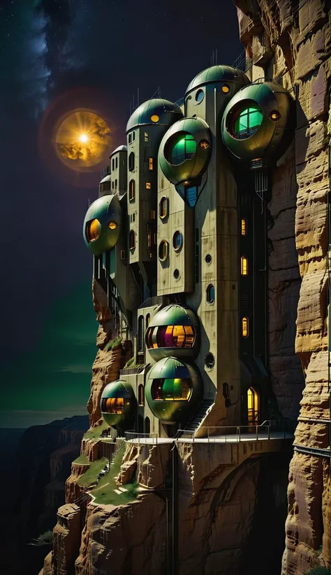 a raw photograph of  a dark futuristic village that is built into a high cliff side, rich color contrast, night, glowing amber orbs provide  futuristic lighting, [maroon accents, dark cobalt sky, [alien architecture style], [one light green window:0.1], <lora:Artists_Edge-000006:0.3>, <lora:Randommaxx_dark_offset_v1.1_lora_fp16:1>, <lora:Gothic Brush:0.3>, <lora:sandstone-SDXL:0.3>, <lora:ScrapBuiltAI:0.2>