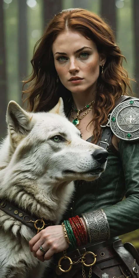 a dark fantasy styled (RAW photograph of a female Irish ranger and her giant white wolf), (long eyelashes:2), sexy leather outfit, dirty, grungy, realistic:1.2, 35yo, , [ginger:1.2], [tiny faded freckles and natural skin], (natural skin details and faded freckles:1.1), (grungy: 1.21), [light green eyes:0.2], large breasts,, (d&d style dark fantasy art). (red amber nebula sky in the distance: 1.2), (ornate metals), (soft hair),  magic glitter in the background, looking into the camera, [gold and silver ring], (vivid color and contrast. [copper glitter falls in the background]. (dainty hands), (sage green and red lucky charm bracelet: 1.5), magical, (enchanting), (dark fantasy ranger:1.2), [pretty slender hands]