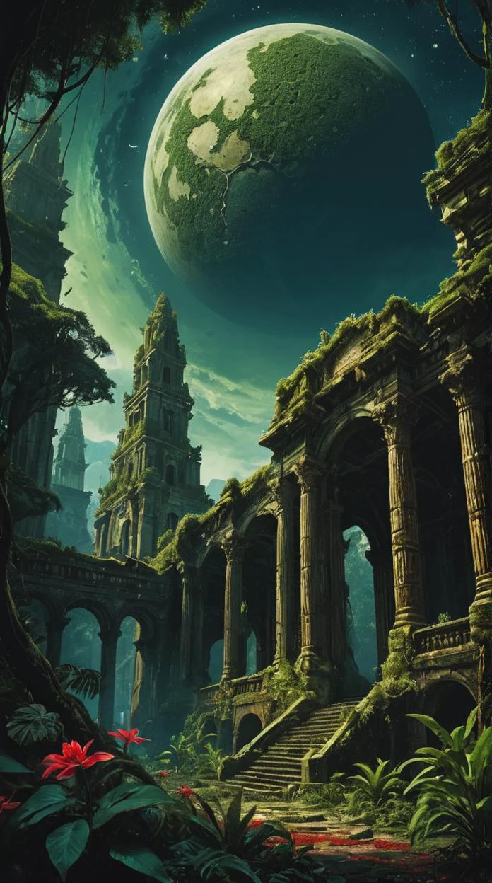 Surrealist art Concept Art,(masterpiece:0.3) high detailed,bright natural lighting,shadows,high contrast,a tropical Forest in alien planet,two big moons in sky,Old civilization ruins,seeing (mythical alien like not on earth plantations Neon lights on Flower kind plants) Trees plants and flowers from the ground,view from below,atmospheric dreamscape painting,dream scenery art,highly detailed visionary art,cgi style,vibrant oil painting,splash art,Cozy mystery,masterpiece 8k wallpapper,neoplasticism,Unreal Engine,dramatic lightingvines,overgrown,ink stains,ink splatters,ink runs,ink spots,faded ink,ral-dissolve,linquivera,liiv1,on parchment, Nightmare like, mysterious, provocative, symbolic, intricate, detailed, red accents, brass edging.