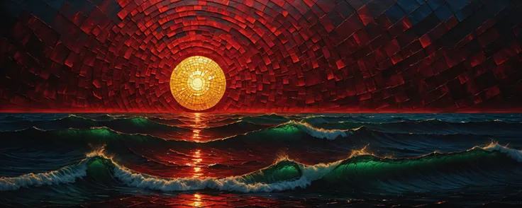 Dark fantasy concept a dramatic seascape scene with cracked textures resembling a mosaic in shades of red, green, and yellow, highlighting a luminous sun amidst a sky with dark, silhouetted blue shapes and angles, The water is depicted with dynamic waves, capturing the reflective sunlight, creating a contrast with the warm sky and the dark turbulent ocean. [low profile highly textured oil painted mountains],