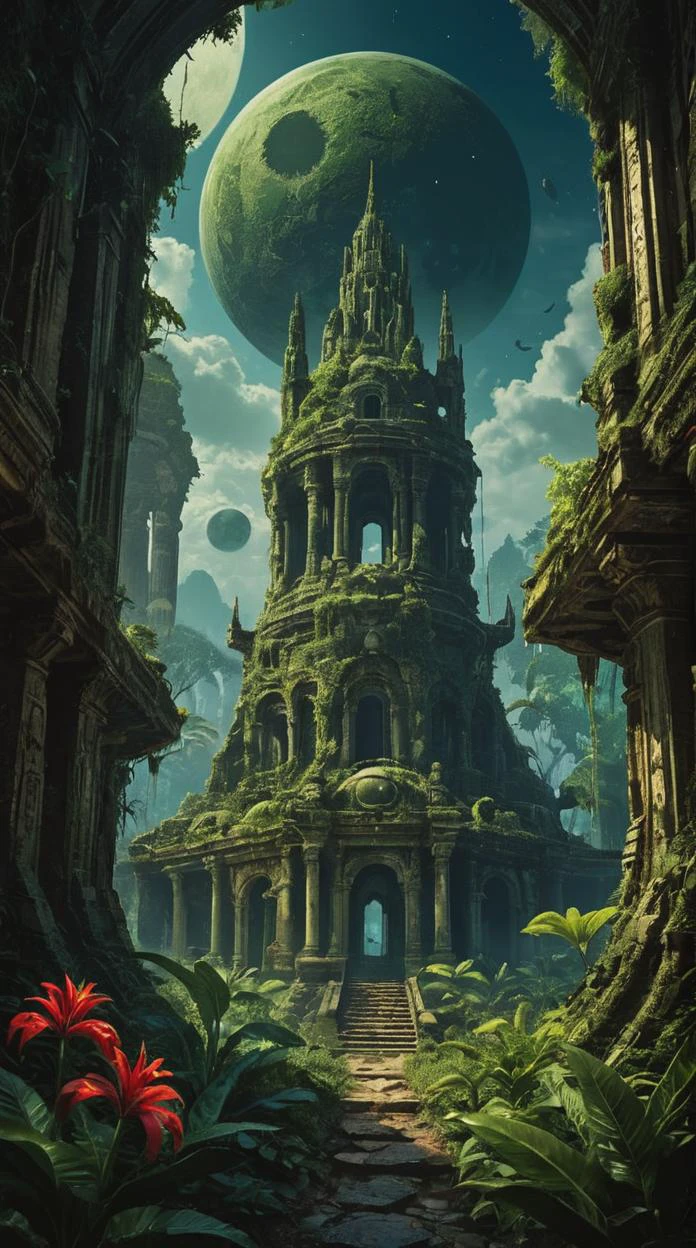 Surrealist art Concept Art,(masterpiece:0.3) high detailed,bright natural lighting,shadows,high contrast,a tropical Forest in alien planet,two big moons in sky,Old civilization ruins,seeing (mythical alien like not on earth plantations Neon lights on Flower kind plants) Trees plants and flowers from the ground,view from below,atmospheric dreamscape painting,dream scenery art,highly detailed visionary art,cgi style,vibrant oil painting,splash art,Cozy mystery,masterpiece 8k wallpapper,neoplasticism,Unreal Engine,dramatic lightingvines,overgrown,ink stains,ink splatters,ink runs,ink spots,faded ink,ral-dissolve,linquivera,liiv1,on parchment, Nightmare like, mysterious, provocative, symbolic, intricate, detailed, red accents, brass edging.