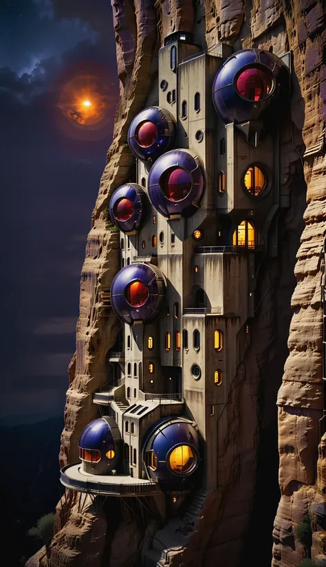 a raw photograph of  a dark futuristic village that is built into a high cliff side, rich color contrast, night, glowing amber orbs provide  futuristic lighting, [maroon accents, dark cobalt sky, [alien architecture style], [one light red window:0.1], <lora:Artists_Edge-000006:0.3>, <lora:Randommaxx_dark_offset_v1.1_lora_fp16:1>, <lora:Gothic Brush:0.3>, <lora:sandstone-SDXL:0.3>, <lora:ScrapBuiltAI:0.2>