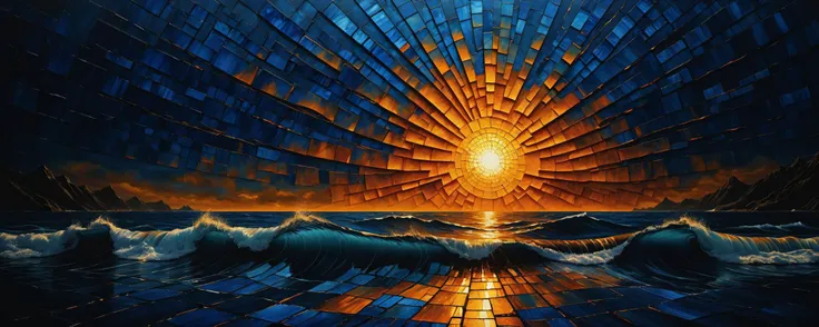 Dark fantasy concept a dramatic seascape scene with cracked textures resembling a mosaic in shades of orange, blue, and yellow, highlighting a luminous sun amidst a sky with dark, silhouetted blue shapes and angles, The water is depicted with dynamic waves, capturing the reflective sunlight, creating a contrast with the warm sky and the dark turbulent ocean. [low profile highly textured oil painted mountains],