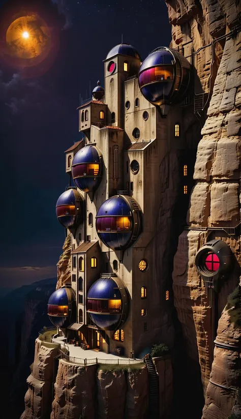 a raw photograph of  a dark futuristic village that is built into a high cliff side, rich color contrast, night, glowing amber orbs provide  futuristic lighting, [maroon accents, dark cobalt sky, [alien architecture style], [one light red window:0.1], <lora:Artists_Edge-000006:0.3>, <lora:Randommaxx_dark_offset_v1.1_lora_fp16:1>, <lora:Gothic Brush:0.3>, <lora:sandstone-SDXL:0.3>, <lora:ScrapBuiltAI:0.2>