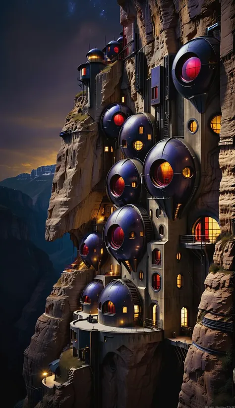 a raw photograph of  a dark futuristic village that is built into a high cliff side, rich color contrast, night, glowing amber orbs provide  futuristic lighting, [maroon accents, dark cobalt sky, [alien architecture style], [one light red window:0.1], <lora:Artists_Edge-000006:0.3>, <lora:Randommaxx_dark_offset_v1.1_lora_fp16:1>, <lora:Gothic Brush:0.3>, <lora:sandstone-SDXL:0.3>, <lora:ScrapBuiltAI:0.2>