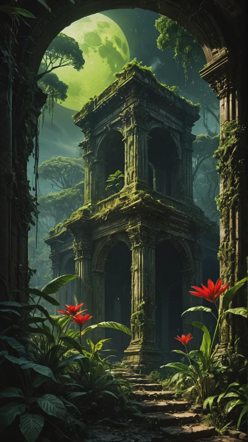 Surrealist art Concept Art,(masterpiece:0.3) high detailed,bright natural lighting,shadows,high contrast,a tropical Forest in alien planet,two big moons in sky,Old civilization ruins,seeing (mythical alien like not on earth plantations Neon lights on Flower kind plants) Trees plants and flowers from the ground,view from below,atmospheric dreamscape painting,dream scenery art,highly detailed visionary art,cgi style,vibrant oil painting,splash art,Cozy mystery,masterpiece 8k wallpapper,neoplasticism,Unreal Engine,dramatic lightingvines,overgrown,ink stains,ink splatters,ink runs,ink spots,faded ink,ral-dissolve,linquivera,liiv1,on parchment, Nightmare like, mysterious, provocative, symbolic, intricate, detailed, red accents, brass edging.
