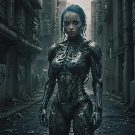 HDR photo of sfw,8K,HDR,award-winning photography,cinematic,scifi: Film's still featuring a full body 1man  cyborg heavy modifications,with [electric blue hair],tattoos all over body,<lora:Stamped_Tin:0.8>,android implants in face,robot legs made of tungsten,posing against the backdrop of a cybernetic city skyline,the glow of holographic billboards and neon signs illuminating he determined expression as he stands tall amidst the urban sprawl,<lora:CyborgsXL:1>,cyborg,science fiction,cyberpunk,"his body is embedded with mechanical implants under the skin,cyberware lines embedded in his face,<lora:EnvyCyborgXL01:1>,<lora:god rays:0.8>,god rays,sunbeams,sunbeam,running, . High dynamic range, vivid, rich details, clear shadows and highlights, realistic, intense, enhanced contrast, highly detailed