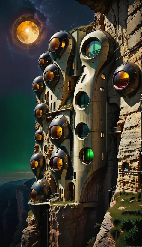 a raw photograph of  a dark futuristic village that is built into a high cliff side, rich color contrast, night, glowing amber orbs provide  futuristic lighting, [maroon accents, dark cobalt sky, [alien architecture style], [one light green window:0.1], <lora:Artists_Edge-000006:0.3>, <lora:Randommaxx_dark_offset_v1.1_lora_fp16:1>, <lora:Gothic Brush:0.3>, <lora:sandstone-SDXL:0.3>, <lora:ScrapBuiltAI:0.2>