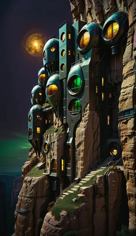 a raw photograph of  a dark futuristic village that is built into a high cliff side, rich color contrast, night, glowing amber orbs provide  futuristic lighting, [maroon accents, dark cobalt sky, [alien architecture style], [one light green window:0.1], <lora:Artists_Edge-000006:0.3>, <lora:Randommaxx_dark_offset_v1.1_lora_fp16:1>, <lora:Gothic Brush:0.3>, <lora:sandstone-SDXL:0.3>, <lora:ScrapBuiltAI:0.2>