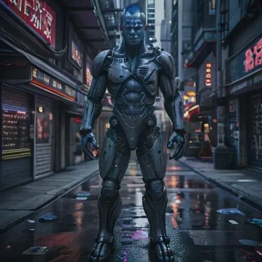 HDR photo of sfw,8K,HDR,award-winning photography,cinematic,scifi: Film's still featuring a full body 1man  cyborg heavy modifications,with [electric blue hair],tattoos all over body,android implants in face,robot legs made for running,posing against the backdrop of a cybernetic city skyline,the glow of holographic billboards and neon signs illuminating he determined expression as he stands tall amidst the urban sprawl,<lora:CyborgsXL:1>,cyborg,science fiction,cyberpunk,"his body is embedded with mechanical implants under the skin,cyberware lines embedded in his face,<lora:EnvyCyborgXL01:1>, . High dynamic range, vivid, rich details, clear shadows and highlights, realistic, intense, enhanced contrast, highly detailed