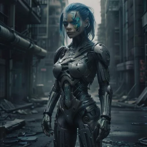 HDR photo of sfw,8K,HDR,award-winning photography,cinematic,scifi: Film's still featuring a full body 1man  cyborg heavy modifications,with [electric blue hair],tattoos all over body,<lora:Stamped_Tin:0.8>,android implants in face,robot legs made of tungsten,posing against the backdrop of a cybernetic city skyline,the glow of holographic billboards and neon signs illuminating he determined expression as he stands tall amidst the urban sprawl,<lora:CyborgsXL:1>,cyborg,science fiction,cyberpunk,"his body is embedded with mechanical implants under the skin,cyberware lines embedded in his face,<lora:EnvyCyborgXL01:1>,<lora:god rays:0.8>,god rays,sunbeams,sunbeam,running, . High dynamic range, vivid, rich details, clear shadows and highlights, realistic, intense, enhanced contrast, highly detailed