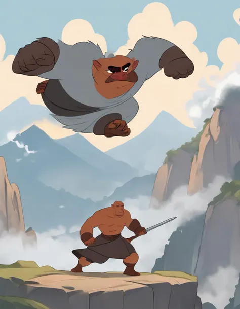 (flat classic 2d animation:1.3),, Action scene, dynamic pose, firm stance, combat stance, 
Focus on (Thief, Prodigy, Average Height, Slim, Triangular Face, Fair Skin, Auburn Hair, ice blue Eyes, [[Curved Nose]], Thick Lips, Round Chin, Anchor, Bald, Afro, Misty mountains towering over a vast, misty valley) fighting (Owlbear),
In a towering mountain fortress, home to a clan of warrior monks,