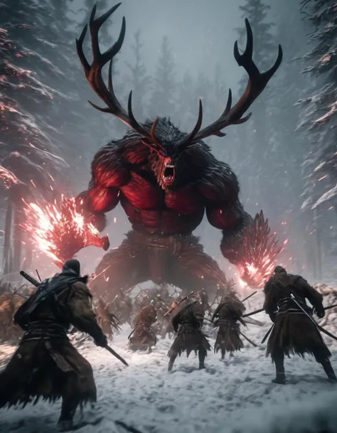 Horror masterpiece, best quality, (action shot, movement blur), combat, greg rutkowski, (focus on terrifying large wendigo visible in the distance antlers large size difference), fantasy, people fighting it, dark winter night, forest deep dark woods, massive ancient trees, battle, scenery, mountain, outdoors, multiple people, injured people on the ground, (blood splatter flying through the air), trail of carnage, (indirect) moonlight, very detailed, high resolution, sharp, sharp image, 4k, 8k,, Climactic scene, a samurai with his katana standing in a field facing a distant giant dragon creature with a demonic face, glowing eyes, two outstretched wings, scaled muscular arms sharp claws, ready to start fight, intense scene, fire and air flows, 8k ultrafine detail, attack on titan style, masterpiece, cinematic,(size difference),