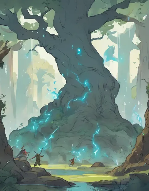 (flat classic 2d animation:1.3),, Action scene, dynamic pose, firm stance, combat stance,
Focus on (Sorcerer casting bolts of lightning from their fingertips, Virtuoso, Tall, Thin, Square Face, Dark Skin, Gray Hair, Blue Eyes with Green Flecks, Straight Nose, Pouty Lips, Receding Chin, Bandholz, Crew Cut, Afro, A dark, foreboding swamp, filled with twisted, gnarled trees and dangerous creatures) fighting (Unicorn),
In a serene elven village nestled within a giant, ancient tree,