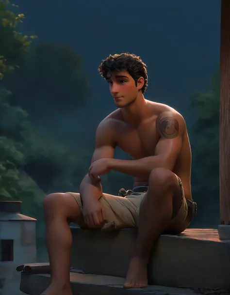 (flat classic 2d animation:1.3),, (masterpiece, best quality), Dark photograph, homoerotic, a shirtless average young man, redneck, smoking cigarette, sitting on concrete steps porch of small farmhouse, hazy, smokey, film, accurate proportionate, bare chest leg thigh knee calf foot barefoot,  summer evening, nighttime, Photorealistic, hyperdetailed, life-like, sharp focus, ((detailed realistic skin, life-like detailed realistic face)),