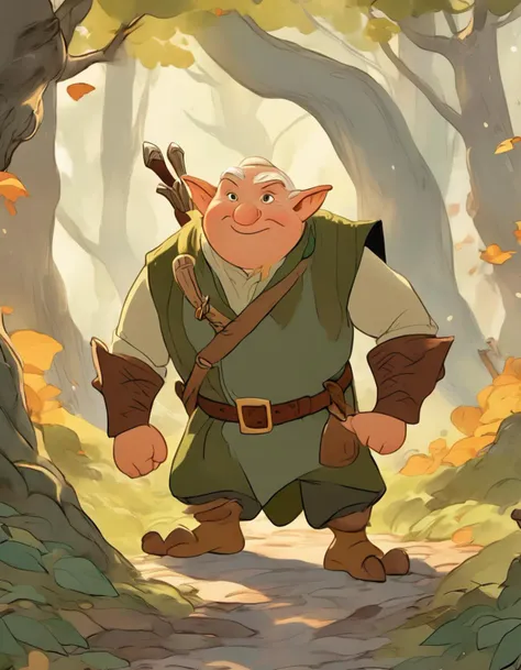 (flat classic 2d animation:1.3),, Action scene, dynamic pose, firm stance, combat stance, 
Focus on (middle earth, Druid protecting the forest from invaders, Innovator, Average Height, Obese, Square Face, Olive Skin, Golden Blonde Hair, green Eyes, Long Nose, Thick Lips, Receding Chin, Chinstrap, Long, Mohawk, A lush elven forest, filled with towering trees and sparkling streams, Tolkien) fighting (Kobold),
In a fairy-tale village in a clearing of an enchanted forest, with cottages made from pumpkins,