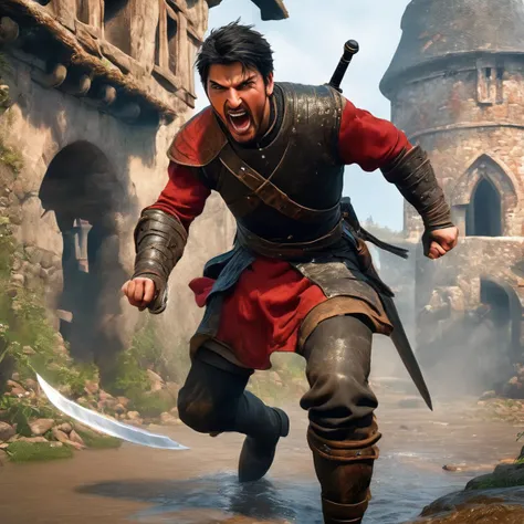(masterpiece, best quality), a full body dynamic pose, cinematic shot, combat, photo of a (shouting masculine man, (short dark hair), angry facial expression stubble:1.2) futuristic red/black armor (muddy leather boots, tightly gripping swinging longsword:1.1),
BREAK
muddy path through a ruined medieval town , distant castle in the background, (extremely detailed CG unity 8k wallpaper), photo of the most beautiful artwork in the world, professional photorealistic picture, trending on ArtStation, trending on CGSociety, Intricate, High Detail, Sharp focus, dramatic, photorealistic painting art by midjourney looking at viewer, detailed eyes, (perfect eyes) ((detailed realistic skin, life-like detailed realistic face)), fantasy,