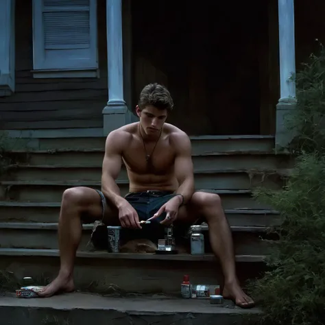 (masterpiece, best quality), Dark photograph, homoerotic, a shirtless average young man, redneck, smoking cigarette, sitting on concrete steps porch of small farmhouse, hazy, smokey, film, accurate proportionate, bare chest leg thigh knee calf foot barefoot, summer evening, nighttime, Photorealistic, hyperdetailed, life-like, sharp focus, ((detailed realistic skin, life-like detailed realistic face)),