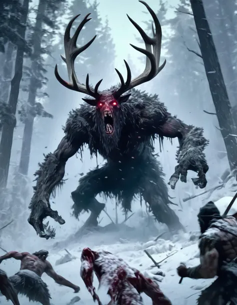 Horror masterpiece, best quality, (action shot, movement blur), combat, greg rutkowski, (focus on terrifying large wendigo visible in the distance antlers large size difference), fantasy, people fighting it, dark winter night, forest deep dark woods, massive ancient trees, battle, scenery, mountain, outdoors, multiple people, injured people on the ground, (blood splatter flying through the air), trail of carnage, (indirect) moonlight, very detailed, high resolution, sharp, sharp image, 4k, 8k,