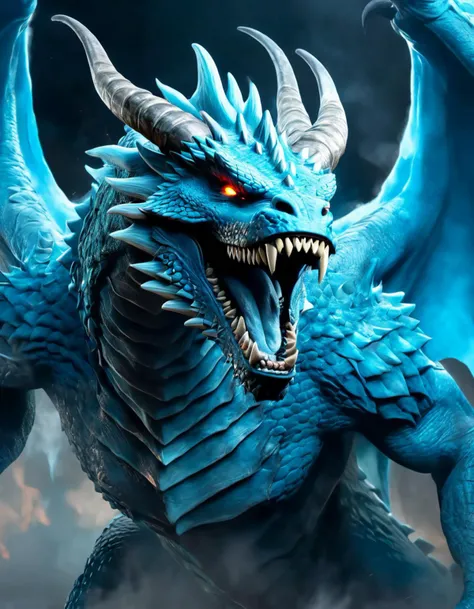 masterpiece, best quality, blue fire, no humans, open mouth, wings, undead dragon, sharp teeth, teeth, tail, solo, breathing fire, horns, monster, claws, smoke , very detailed, high resolution, sharp, sharp image, 4k, 8k,