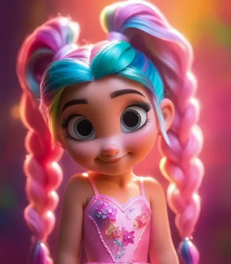 Image of a young girl in a pink spaghetti strap dress, rim lighting, soft lighting, detailed face, pigtails rainbow coloured hair, highest quality, masterpiece,