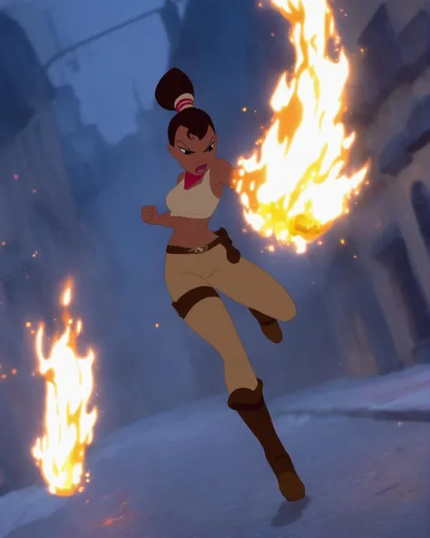 solo, 1girl, long hair, black hair, looking at viewer, ponytail, fire, outdoors, glowing, floating hair, fingerless gloves, gloves, night, serious, incoming attack, street, road, building, closed mouth, fighting stance, arm guards, high quality, masterpiece