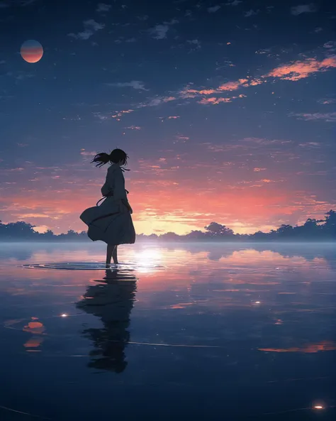 anime girl walking on water, ripples, backdrop of dawn, saturn in the background, illustration, concept art, anime, key visual, trending pixiv fanbox by wlop and greg rutkowski and makoto shinkai and mamoru hosada and studio ghibli, ray tracing, dark studio, rim lighting, two tone lighting, dimly lit, low key, high contrast, masterpiece