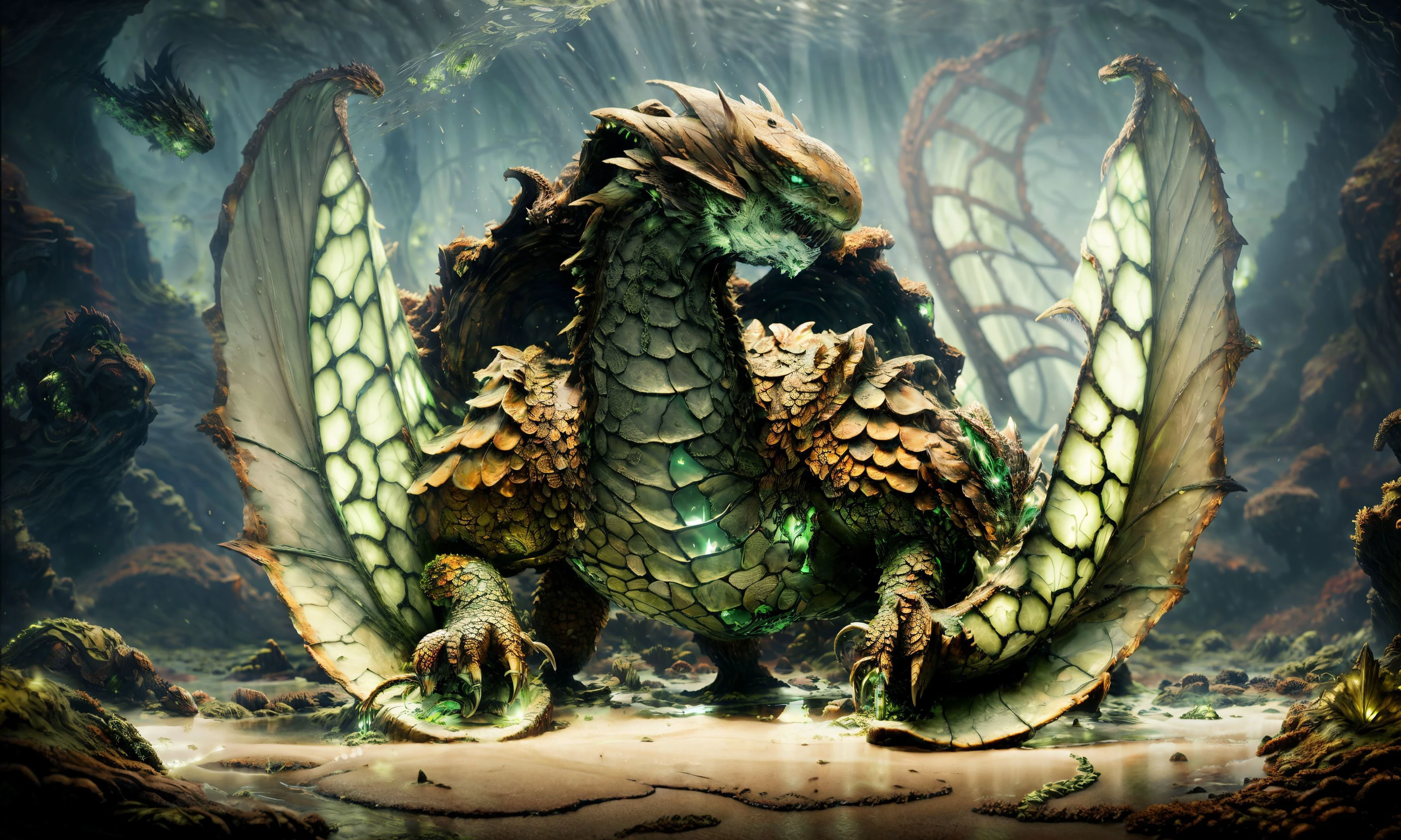 (masterpiece, best quality:1.4), dragon scale, scaly tortoise shell, seaweed on skin, seaweed on scale, seaweed cave, walls full of seaweed background, seaweed on dragon scale, claws, (glowing green scale on chest:1.6), sand, clams, puddle of water, inside of a cavern, (DarkFantasy:0.4), <lora:Dragons:0.4>, <lora:add_detail:0.6>, <lora:ArtDecoAI:0.8>