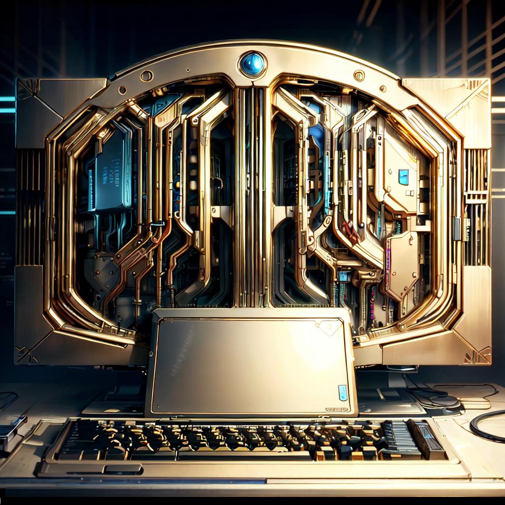 There is a laptop computer sitting on a desk with a golden screen ...