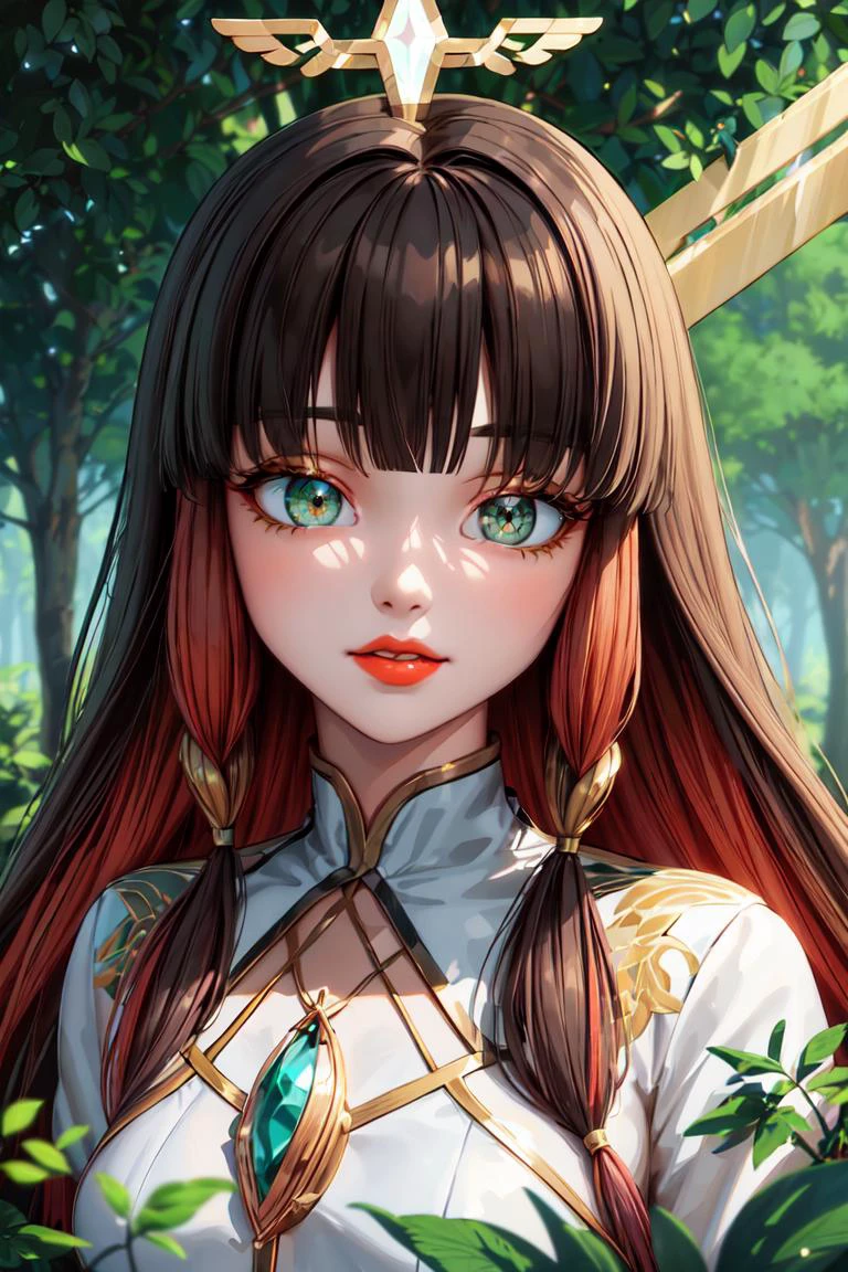 masterpiece, best quality, highres, realistic, 3d, solo, lilavolpina, green eyes, fringe, long hair, black hair, orange hair, multicolored hair, bangs, no mask, lipstick, small breasts, <lora:Lila_Rosi:0.8>, portrait, looking at viewer, solo, (full body:0.6), detailed background, close up, shining (<lora:ArtDecoAI:0.3>, ArtDecoAI, 1920s art deco theme:1.1), divine archangel of nature, forest, (style-sylvamagic:1.0), green background, abundant greenery, small creek, dark green robe, majestic divine atmosphere, bright light, holy aura, bloom, halo above head, divine light, white clothes, silver embroidery,filigree, ray of light,, <lora:add_detail:0.5>