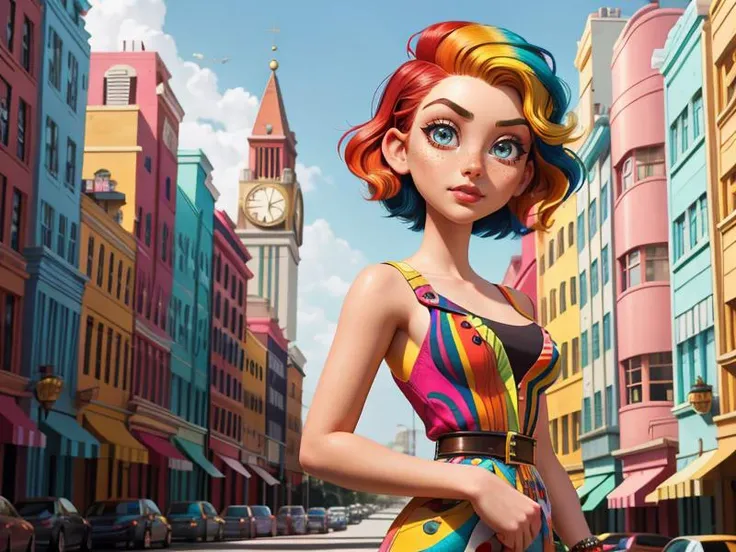 Disney, Pixar Disney, Pixar (Style: trending on artstation, ((high quality:1.2, masterpiece:1.2)) , (8k resolution) , high details, incredibly absurdres, color connection, colorized, colorful, sexy, nsfw, seductive, 3/4 body shot)
(1girl, 25 years old, big eyes, latina face, freckles, (short hair, shaved sides:1.2), multicolored hair, medium breasts)
<lora:ArtDecoAI:0.7> (backround: artdecoai, building, decoration)