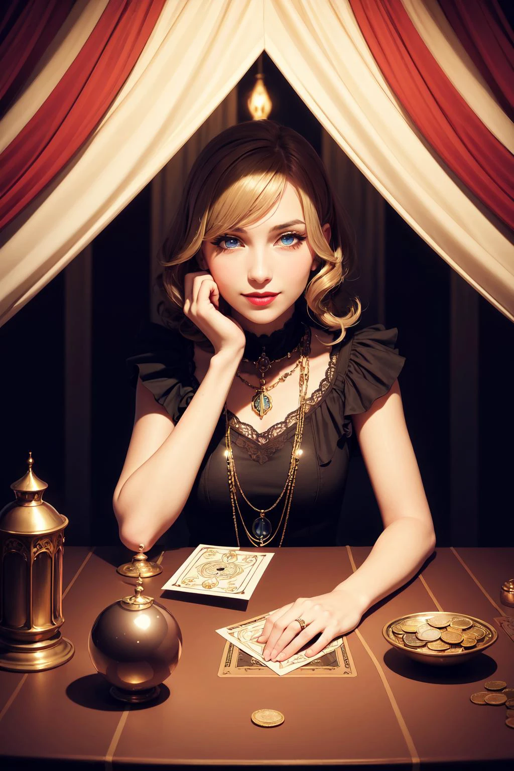 1 girl, adult jewish woman, blue eyes, light brown wavy hair,
portrait, looking at viewer, solo, upper body, detailed background, close up, glowing eyes, (<lora:artdecoai_v10:0.3>, ArtDecoAI, 1920s art deco theme:1.1), fortune teller, sinister smile, mysterious, sitting at table, colorful shoulderless ruffled fortune teller clothes, striped clothes, coins, chalice, horoscope, tarot cards, crystal ball, (melted candles on table:0.8), medieval (tent interior:1.1) background, tent curtains in background, dark mysterious lighting, shadows, magical atmosphere,