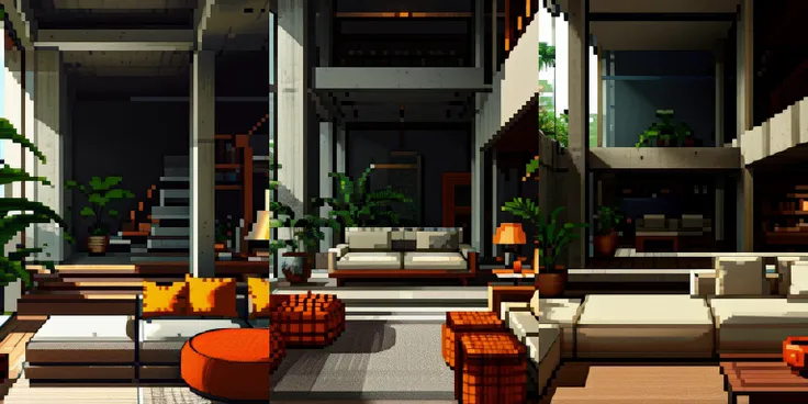 highly insanely detailed, masterpiece, top quality, best quality, highres, 4k, 8k, RAW photo, (very aesthetic, beautiful and aesthetic), photo, interior, living room, tropical brutalism, sofa, aggregate concrete wall, aggregate concrete floor, potted plant, tall window, day light, warm light, wide angle, atrium, open plan, <lora:AIDVN_tropical_brutalism_interior:1>