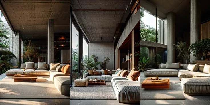 highly insanely detailed, masterpiece, top quality, best quality, highres, 4k, 8k, RAW photo, (very aesthetic, beautiful and aesthetic), photo, interior, living room, tropical brutalism, sofa, aggregate concrete wall, aggregate concrete floor, potted plant, tall window, day light, warm light, wide angle, atrium, open plan, <lora:AIDVN_tropical_brutalism_interior:1>