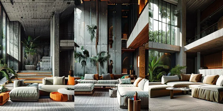 highly insanely detailed, masterpiece, top quality, best quality, highres, 4k, 8k, RAW photo, (very aesthetic, beautiful and aesthetic), photo, interior, living room, tropical brutalism, sofa, aggregate concrete wall, aggregate concrete floor, potted plant, tall window, day light, warm light, wide angle, atrium, open plan, <lora:AIDVN_tropical_brutalism_interior:1>