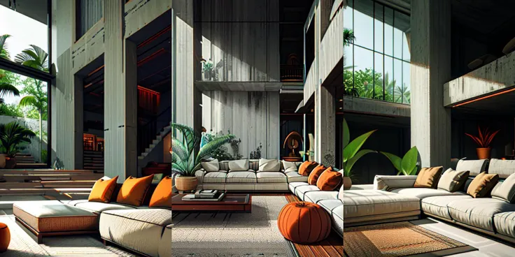 highly insanely detailed, masterpiece, top quality, best quality, highres, 4k, 8k, RAW photo, (very aesthetic, beautiful and aesthetic), photo, interior, living room, tropical brutalism, sofa, aggregate concrete wall, aggregate concrete floor, potted plant, tall window, day light, warm light, wide angle, atrium, open plan, <lora:AIDVN_tropical_brutalism_interior:1>