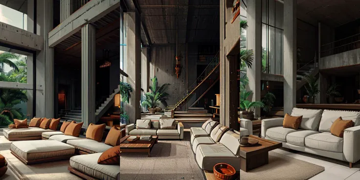 highly insanely detailed, masterpiece, top quality, best quality, highres, 4k, 8k, RAW photo, (very aesthetic, beautiful and aesthetic), photo, interior, living room, tropical brutalism, sofa, aggregate concrete wall, aggregate concrete floor, potted plant, tall window, day light, warm light, wide angle, atrium, open plan, <lora:AIDVN_tropical_brutalism_interior:1>