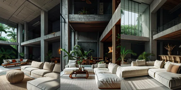 highly insanely detailed, masterpiece, top quality, best quality, highres, 4k, 8k, RAW photo, (very aesthetic, beautiful and aesthetic), photo, interior, living room, tropical brutalism, sofa, aggregate concrete wall, aggregate concrete floor, potted plant, tall window, day light, warm light, wide angle, atrium, open plan, <lora:AIDVN_tropical_brutalism_interior:1>