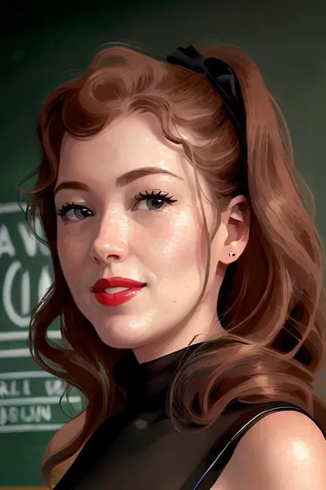 photo of beautiful (annaginger:0.99), a woman, (closeup, portrait):1.5), school room, chalkboard, smiling, ((turtleneck)), ((masterpiece):1.2) ((photorealistic):1.2) (best quality) ((dark red hair, red lipstick, smile)) ((detailed face, detailed eyes, detailed skin):1.2) (intricate details) (8k) (HDR) (cinematic lighting) (sharp focus), (looking at the camera:1.1)