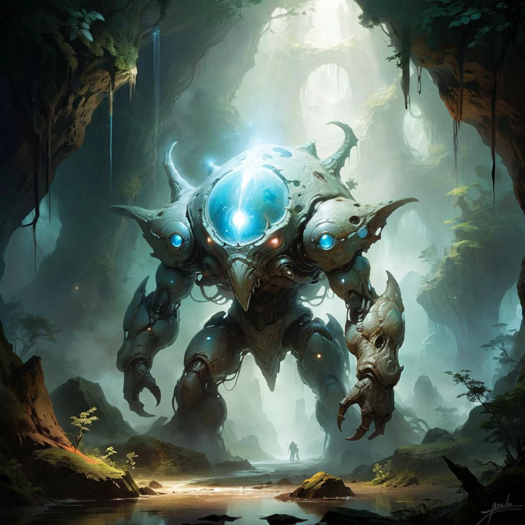 <lora:xl_more_art-full_v1:0.8>, <lora:add-detail-xl:2.0>,
famous artwork by (genevieve valentine:1.3) and (wayne england:1.1) and (frank frazetta:1.2) and (asher brown durand:1.1), detailed expressive eyes, fantasy style, the mischievous quotable chonkshmurgler, a fantastical alien gugger with its glowing warty hide is well adapted to hunt its prey, the mottled gronkglop in the (shimmering crystalline:1.2) forests of the gnarlfuddering and (vast underground caves:1.2) on planet ramsnuggle iii , SK_Fantasy,