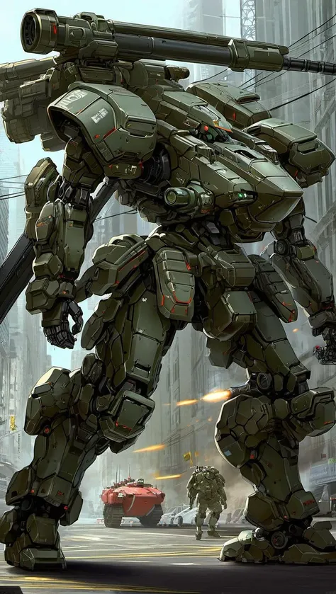 concept art of a heavy mech, (MRS:0.8),( hawken:1.5),(battle scene:1.2), (battlefield:1.2), mecha armor, full armor, glowing , (full body:1.2),clenched hand, mechanical parts, robot joints,(holding huge weapon:1.5) ,(huge mechanical shield:1.2),best quality, masterpiece, highly detailed, (huge mechanical weapon:1.3),(detailed armor:1.2),(detailed shield :1.2),(detailed weapon:1.2),(huge mechanical gun:1.2), digital artwork, illustrative, painterly, matte painting, highly detailed