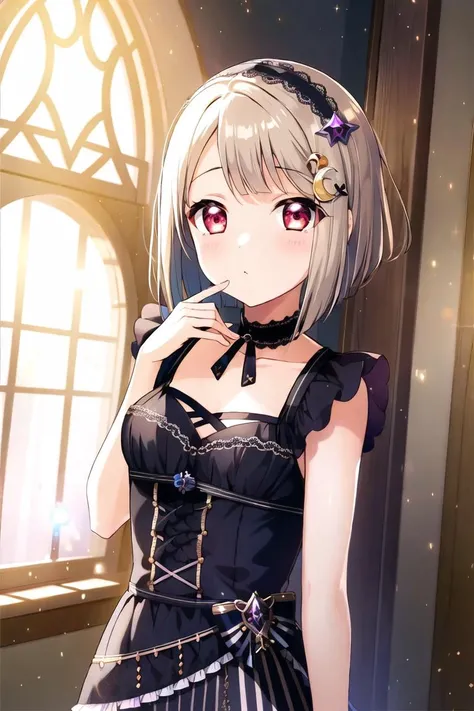 ((masterpiece)), ((best quality)), <lora:kasumin:.85>, blunt bangs, bob cut, light brown hair, crescent, crescent hair ornament, hair ornament, hairclip, nakasu kasumi, short hair, gothstyle, kasumin, <lora:gothgirl:.75>, wearing a gothgal outfit