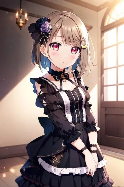 ((masterpiece)), ((best quality)), <lora:kasumin:.85>, blunt bangs, bob cut, light brown hair, crescent, crescent hair ornament, hair ornament, hairclip, nakasu kasumi, short hair, gothstyle, kasumin, <lora:gothgirl:.75>, wearing a gothgal outfit