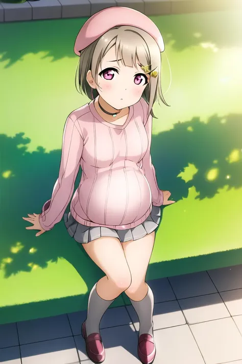 ((Masterpiece)), ((ultra quality)), <lora:kasumin:.8>, (small breasts:1.25), pregnant, blunt bangs, blush, bob cut, bow, light brown hair, buttons, (full body:1.25), crescent, crescent hair ornament, hair ornament, hairclip, nakasu kasumi, defined pupil, night light, soft shadows, (high quality eyes:1.1), looking at viewer, (sitting:1.2), blushed, embarrassed, closed mouth, (pink sweater:1.3), (grey miniskirt:1.2), (pink beret:1.2), (black choker:1.2), ribbed sweater, long sleeves, aran sweater, bare shoulders, short hair, solo, luxury room, luxury couch, plants,
