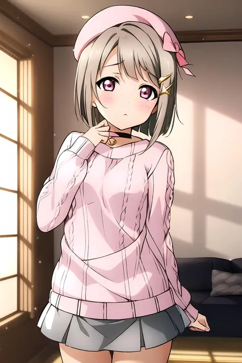 ((Masterpiece)), ((ultra quality)), <lora:kasumin:.8>, (small breasts:1.25), blunt bangs, blush, bob cut, bow, light brown hair, buttons, cowboy shot, crescent, crescent hair ornament, hair ornament, hairclip, nakasu kasumi, defined pupil, night light, soft shadows, (high quality eyes:1.1), looking at viewer, blushed, embarrassed, closed mouth, (pink sweater:1.3), (grey miniskirt:1.2), (pink beret:1.2), (black choker:1.2), ribbed sweater, long sleeves, aran sweater, bare shoulders, short hair, solo, luxury room, luxury couch, plants,