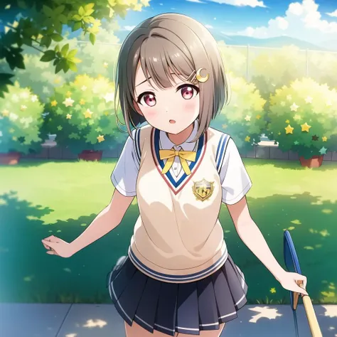 ((Masterpiece)), ((ultra quality)), <lora:kasumin:.8>, blunt bangs, blush, bob cut, bow, light brown hair, buttons, cowboy shot, crescent, crescent hair ornament, hair ornament, hairclip,nakasu kasumi, academy school uniform, ribbon, school uniform, shirt, short hair, short sleeves, skirt, skirt tug, solo, star (symbol), summer uniform, sweater vest, tree, vest, white shirt, yellow ribbon