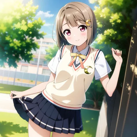 ((Masterpiece)), ((ultra quality)), <lora:kasumin:.8>, blunt bangs, blush, bob cut, bow, light brown hair, buttons, cowboy shot, crescent, crescent hair ornament, hair ornament, hairclip,nakasu kasumi, nijigasaki academy school uniform, ribbon, school uniform, shirt, short hair, short sleeves, skirt, skirt tug, solo, star (symbol), summer uniform, sweater vest, tree, vest, white shirt, yellow ribbon
